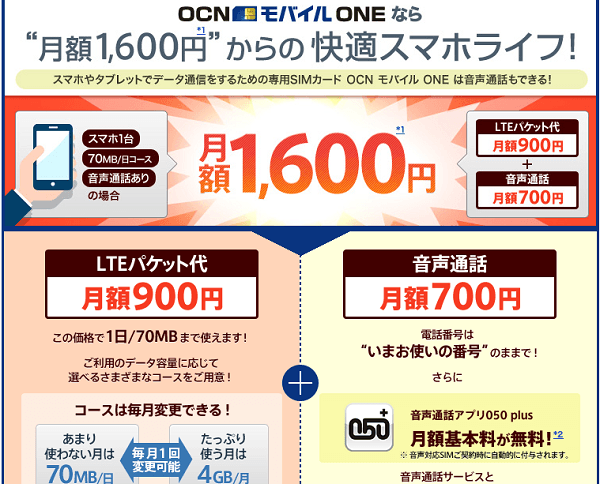 OCN モバイル ONE 音声対応SIM