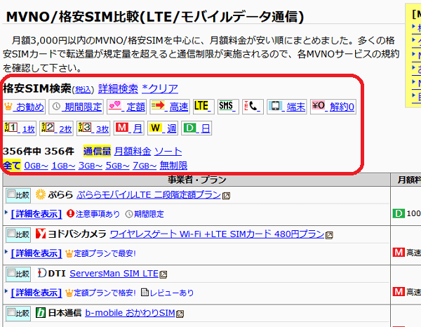 MVNO/格安SIM比較検索