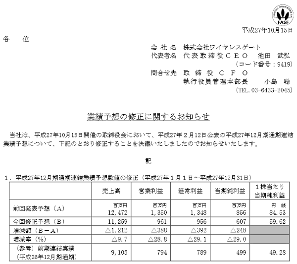 ワイヤレスゲート業績予想修正