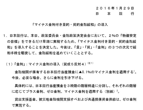 「マイナス金利付き量的・質的金融緩和」の導入｜日本銀行