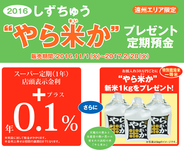 2016 しずちゅう`やら米(まい)か`プレゼント定期預金