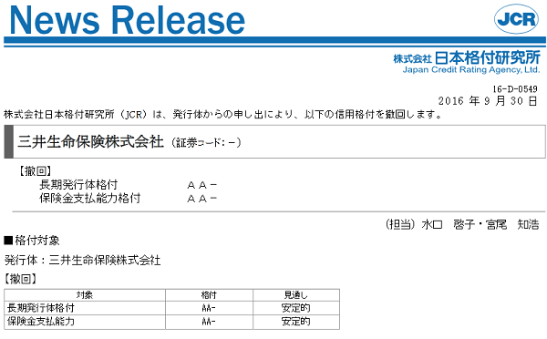 【三井生命保険】長期発行体 - 日本格付研究所 - JCR