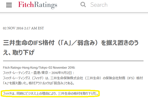 三井生命のIFS格付（「A」／弱含み）を据え置きのうえ、取り下げ｜フィッチ・レーティングス