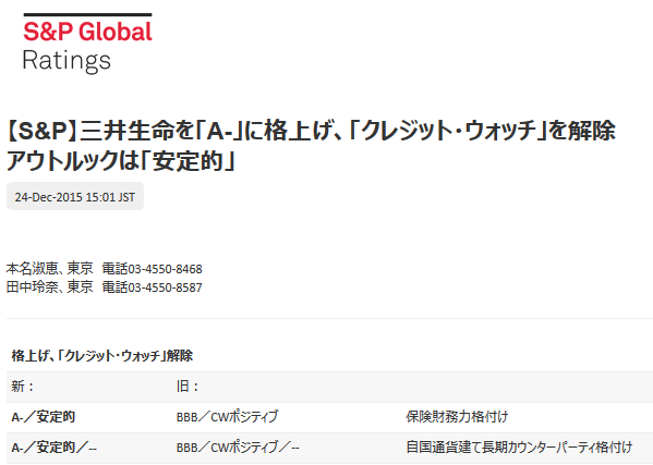 【S&P】三井生命を「A-」に格上げ、「クレジット・ウォッチ」を解除｜S&Pグローバル・レーティング