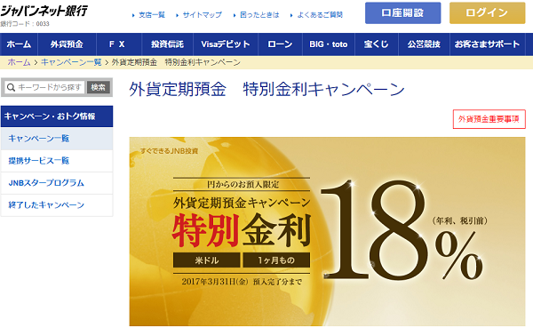 外貨定期預金　特別金利キャンペーン｜ジャパンネット銀行