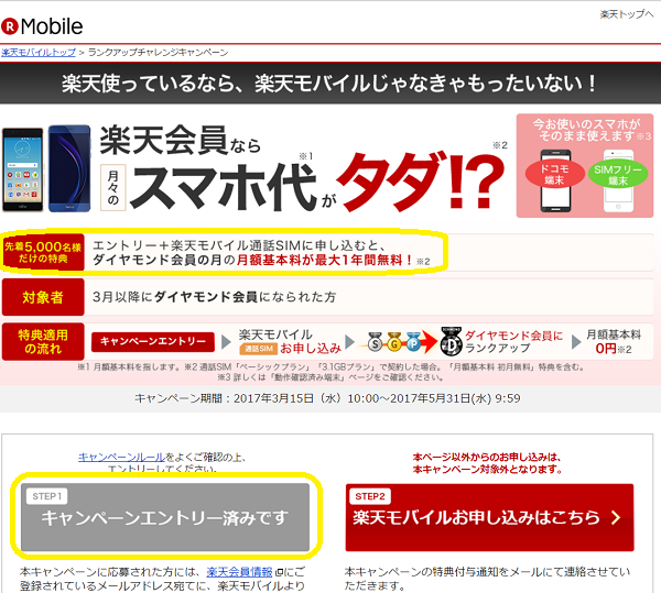 楽天モバイル：ダイヤモンド会員ランクアップチャレンジキャンペーン