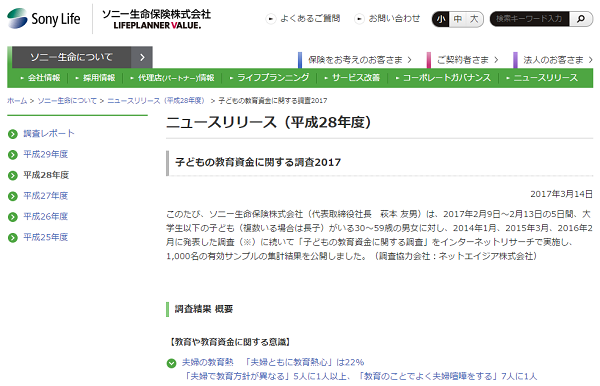 子どもの教育資金に関する調査2017 | ソニー生命保険（2017年3月14日）