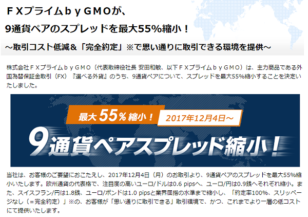 FXプライムbyGMOｂｙＧＭＯが、9通貨ペアのスプレッドを最大55%縮小！