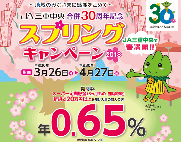 ＪＡ三重中央 ＪＡ三重中央合併30周年記念スプリングキャンペーン2018