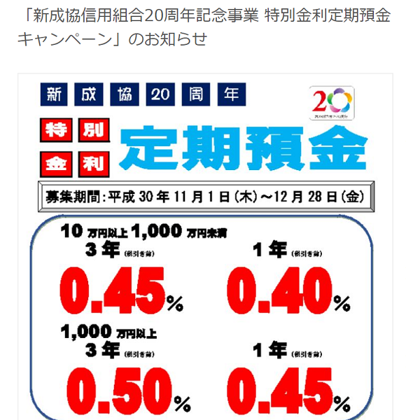 成協信用組合 新成協信用組合20周年記念事業 特別金利定期預金キャンペーン