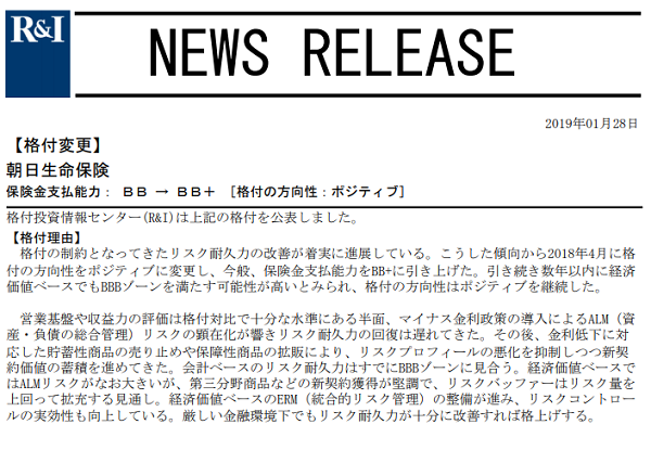 朝日生命　保険金支払能力： ＢＢ → ＢＢ＋ ［格付の方向性：ポジティブ］｜格付投資情報センター