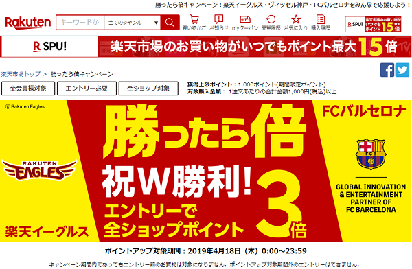 楽天市場：勝ったら倍キャンペーンで3倍