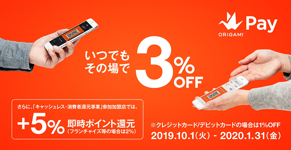 Origamiアプリは、お会計金額からいつでもその場で3%OFF。