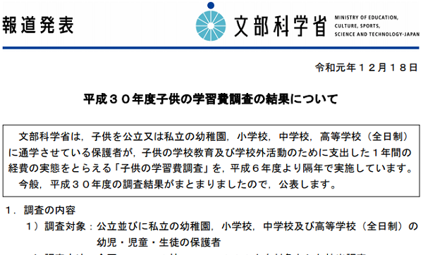 平成30年度子供の学習費調査｜文部科学省