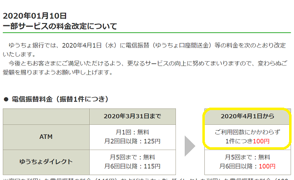一部サービスの料金改定について｜ゆうちょ銀行