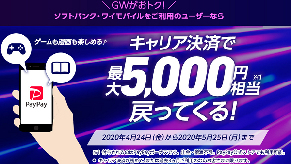 GWがおトク！ソフトバンク・ワイモバイルをご利用のお客さまなら、キャリア決済で最大5,000円相当戻ってくる