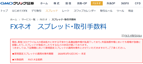 FXネオ　スプレッド・取引手数料