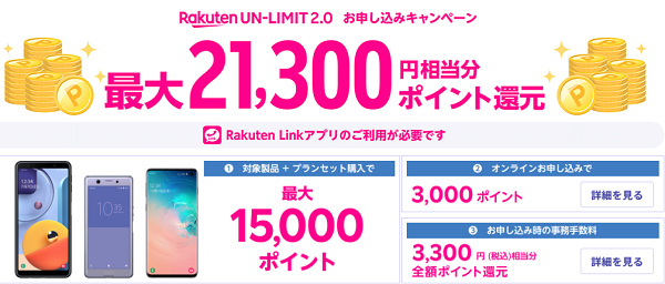 Rakuten UN-LIMITお申し込みキャンペーン 最大21,300円相当分をポイント還元｜楽天モバイル