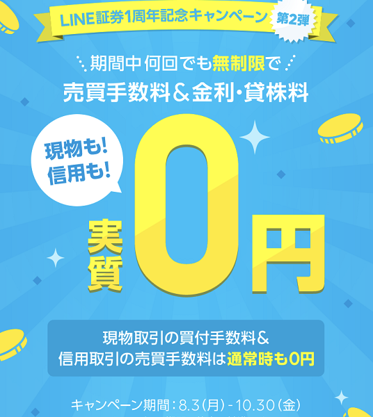 LINE証券：現物売買手数料＆信用金利・貸株料“3つの0円”キャンペーン