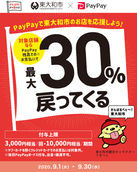 がんばれ東大和！対象のお店で最大30％戻ってくるキャンペーン｜PayPay