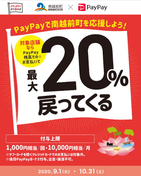 がんばろっさ南越前町！対象のお店で最大20％戻ってくるキャンペーン｜PayPay