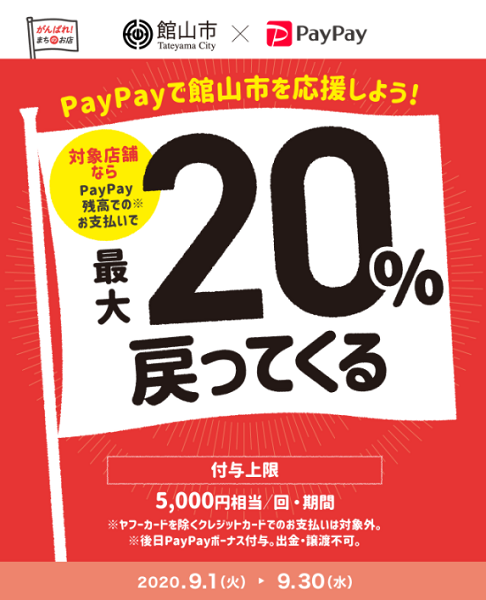 がんばれ館山！対象のお店で最大20％戻ってくるキャンペーン｜PayPay