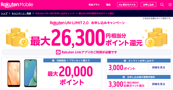Rakuten UN-LIMITお申し込みキャンペーン 最大26,300円相当分をポイント還元｜楽天モバイル