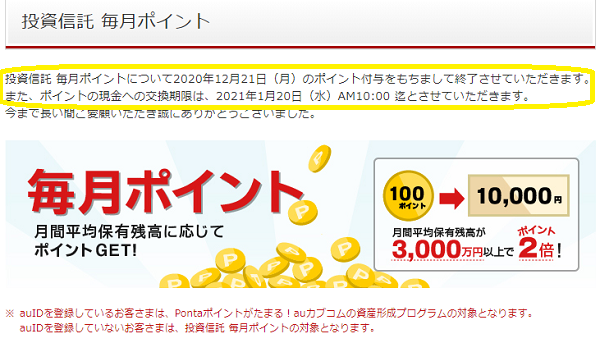 投資信託 毎月ポイント｜auカブコム証券