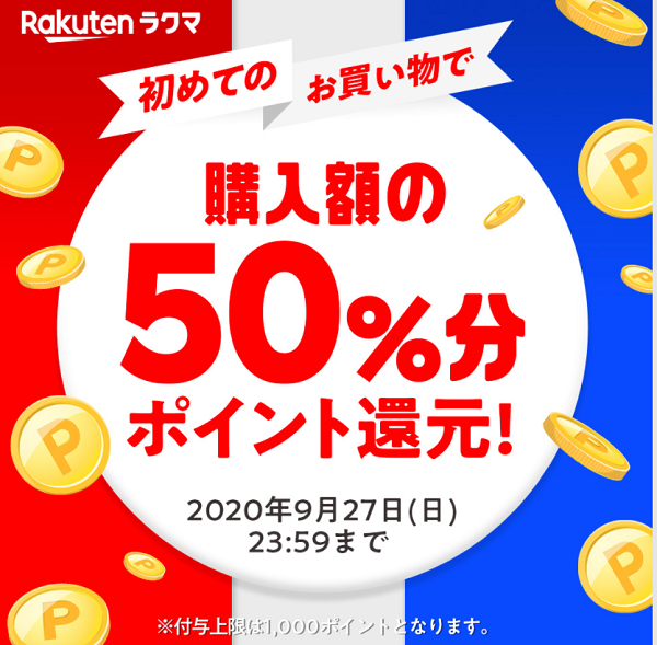 「楽天ラクマ」初めてのお買い物で楽天ポイント50％ポイント還元