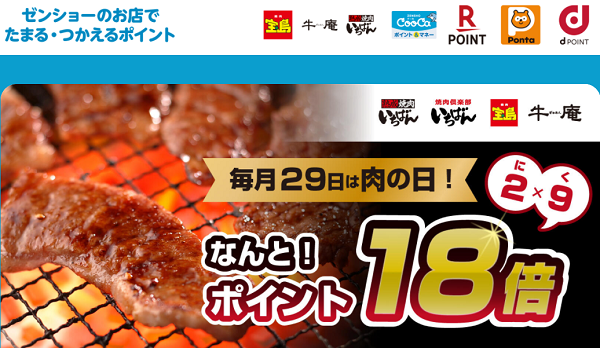 毎月29日は肉の日ポイント18倍キャンペーン　 | 熟成焼肉いちばん | キャンペーン | ゼンショーのお店でたまる・つかえるポイント