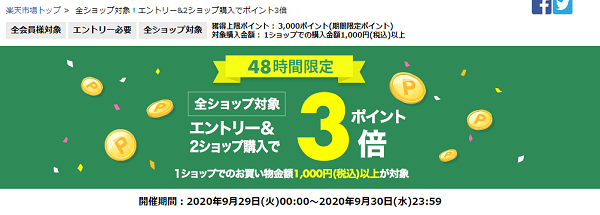 全ショップ対象！エントリー&2ショップ購入でポイント3倍｜楽天市場