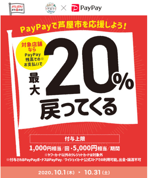 芦屋でお得にお買い物！最大20％戻ってくるキャンペーン｜PayPay