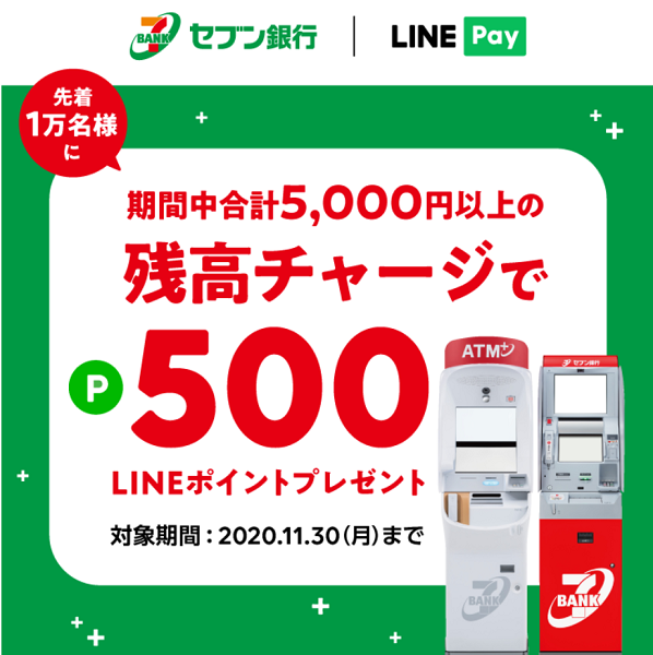 LINE Pay｜【先着1万名様】期間中、セブン銀行ATMから合計5,000円以上のチャージをすると500ポイントプレゼント