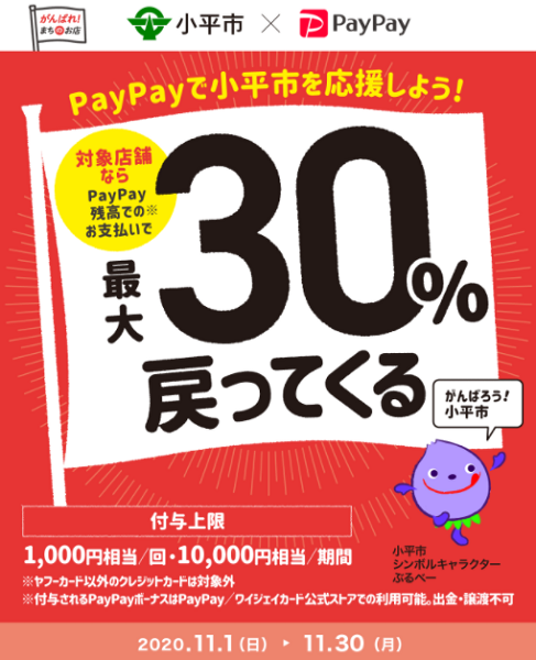 がんばれ小平！対象のお店で最大30％戻ってくるキャンペーン｜PayPay