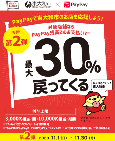 第2弾 がんばれ東大和！対象のお店で最大30％戻ってくるキャンペーン｜PayPay