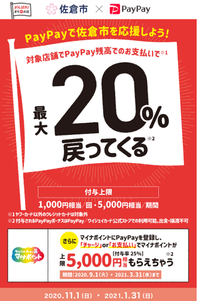 佐倉を元気に！キャッシュレスで最大20パーセント戻ってくるキャンペーン｜PayPay