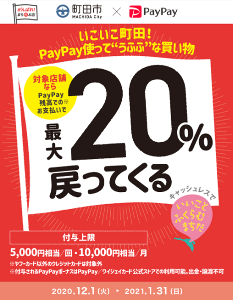 いこいこ町田！PayPay使って うふふ な買い物　最大20％戻ってくるキャンペーン｜PayPay