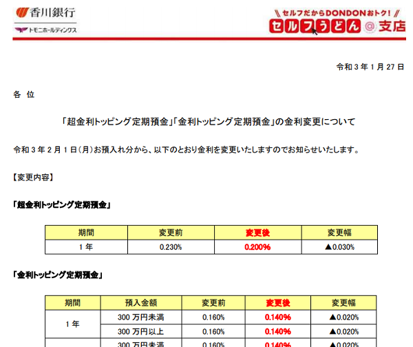 「超金利トッピング定期預金」「金利トッピング定期預金」の金利変更について｜香川銀行