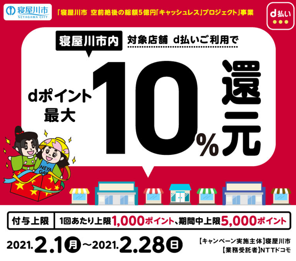 空前絶後の総額５億円「キャッシュレス」プロジェクト「寝屋川市は、0.1倍返しだ！！」｜d払い