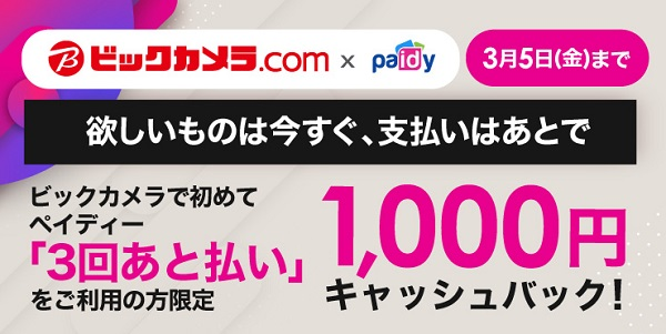 ビックカメラ.com限定 Paidy 1,000円キャッシュバック キャンペーン ｜ ビックカメラ.com