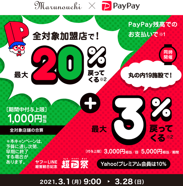 超PayPay祭 丸ビル、新丸ビルなど丸の内の19施設で超おトクキャンペーン｜PayPay
