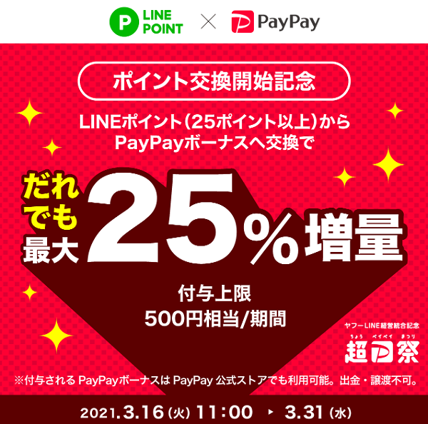 超PayPay祭 ポイント交換開始記念 だれでも最大25％増量キャンペーン｜PayPay