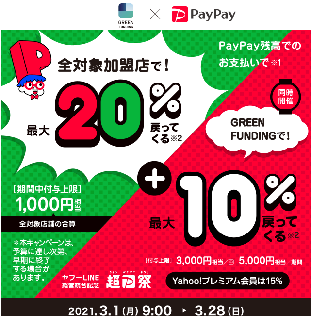 超PayPay祭 GREENFUNDINGで超おトクキャンペーン｜PayPay