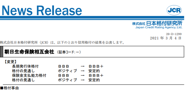 【朝日生命保険】格上げ：BBB／ポジティブ→BBB+／安定的