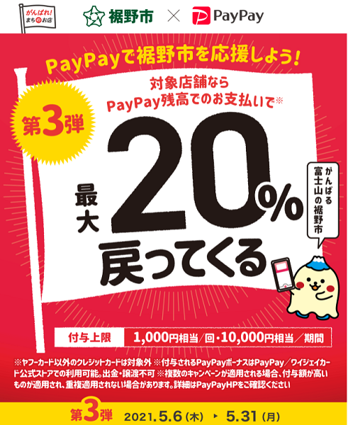がんばる富士山の裾野市！PayPay対象店舗で最大20％戻ってくるキャンペーン 第3弾！｜PayPay
