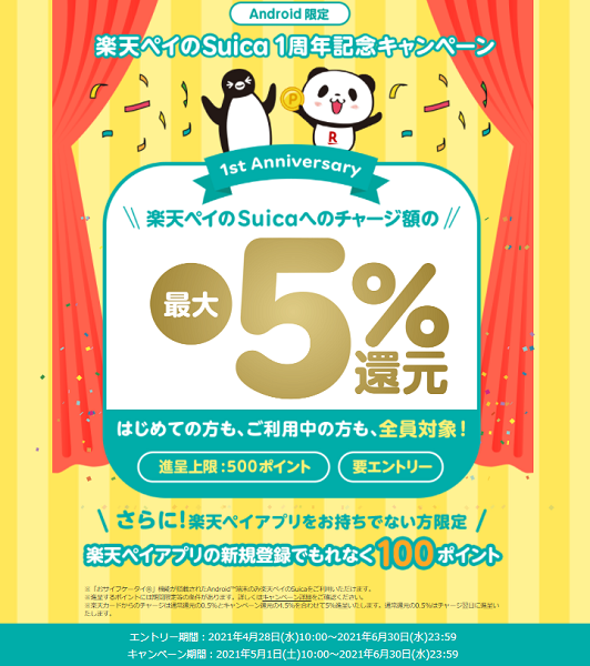 楽天ペイのSuicaリリース1周年記念！チャージ額に対して最大5%還元