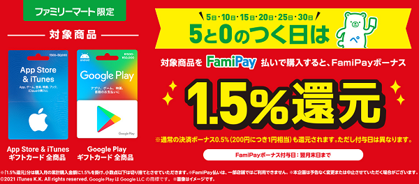 App Store & iTunes ギフトカードとGoogle Play ギフトカードを5と0のつく日にFamiPay払いで購入するとお得♪