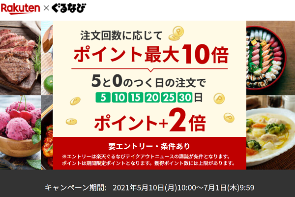 楽天ぐるなびテイクアウト 注文回数に応じてポイント最大10倍！5と0のつく日の注文でポイント+2倍！