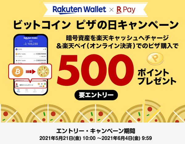 ビットコインピザの日キャンペーン！暗号資産チャージ＆楽天ペイ（オンライン決済）利用のピザ購入で500ポイントプレゼント