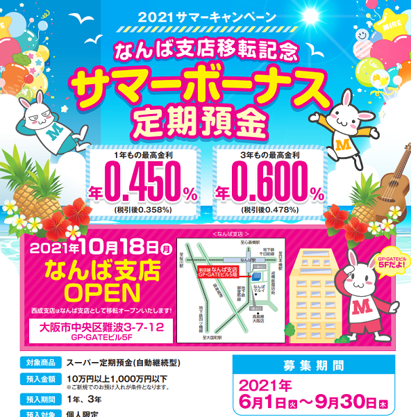 サマーボーナス定期預金（なんば支店移転記念）｜ミレ信用組合
